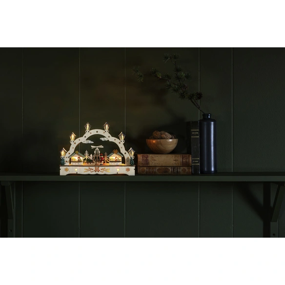 LED-Dekoration, Holzsilhouette 2 Häuser und Junge, Batteriebetrieb, natur