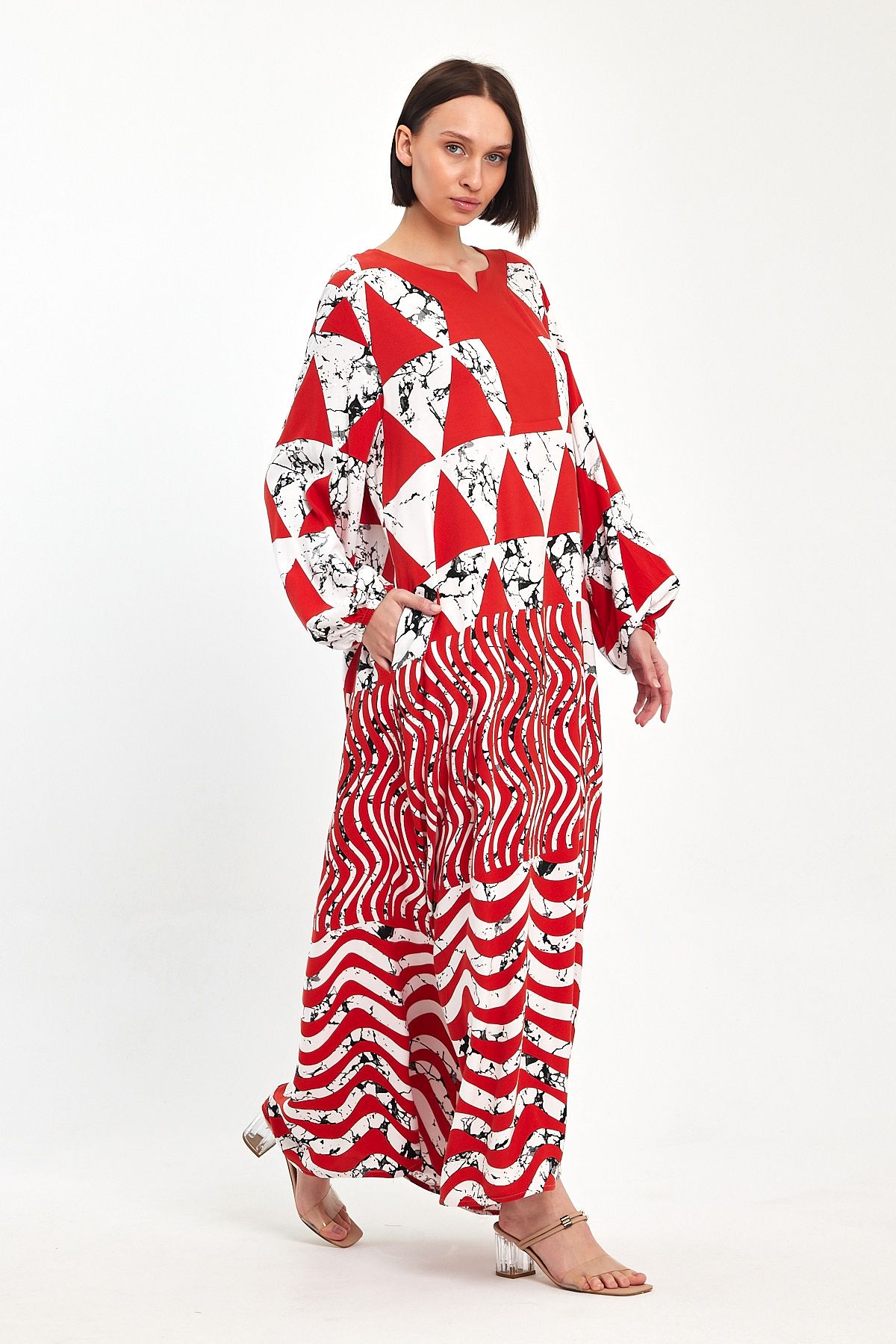 Belissh Abstract Print Maxi Dress with Long Sleeves in Red