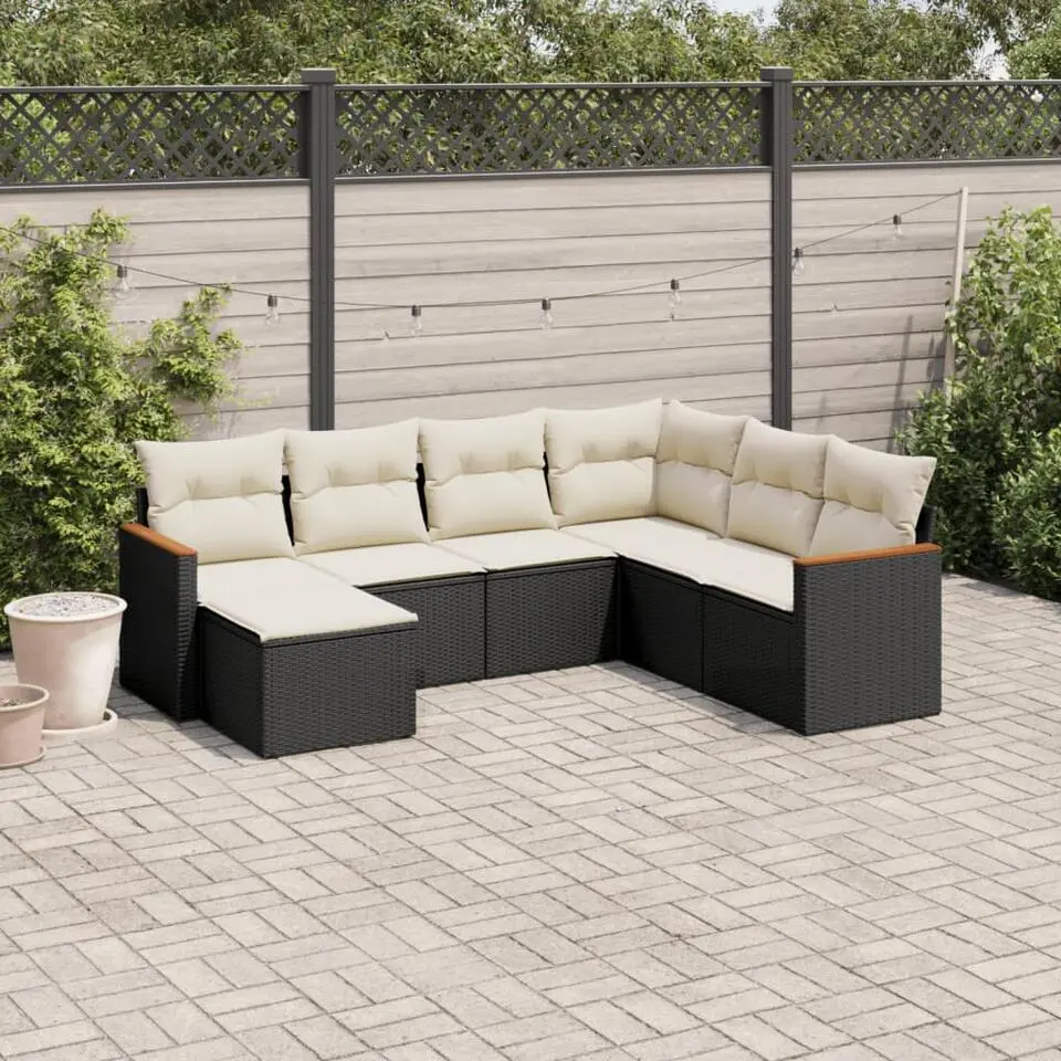 vidaXL - Loungeset - Zwart - Poly rattan - 7 stuks - Met kussens