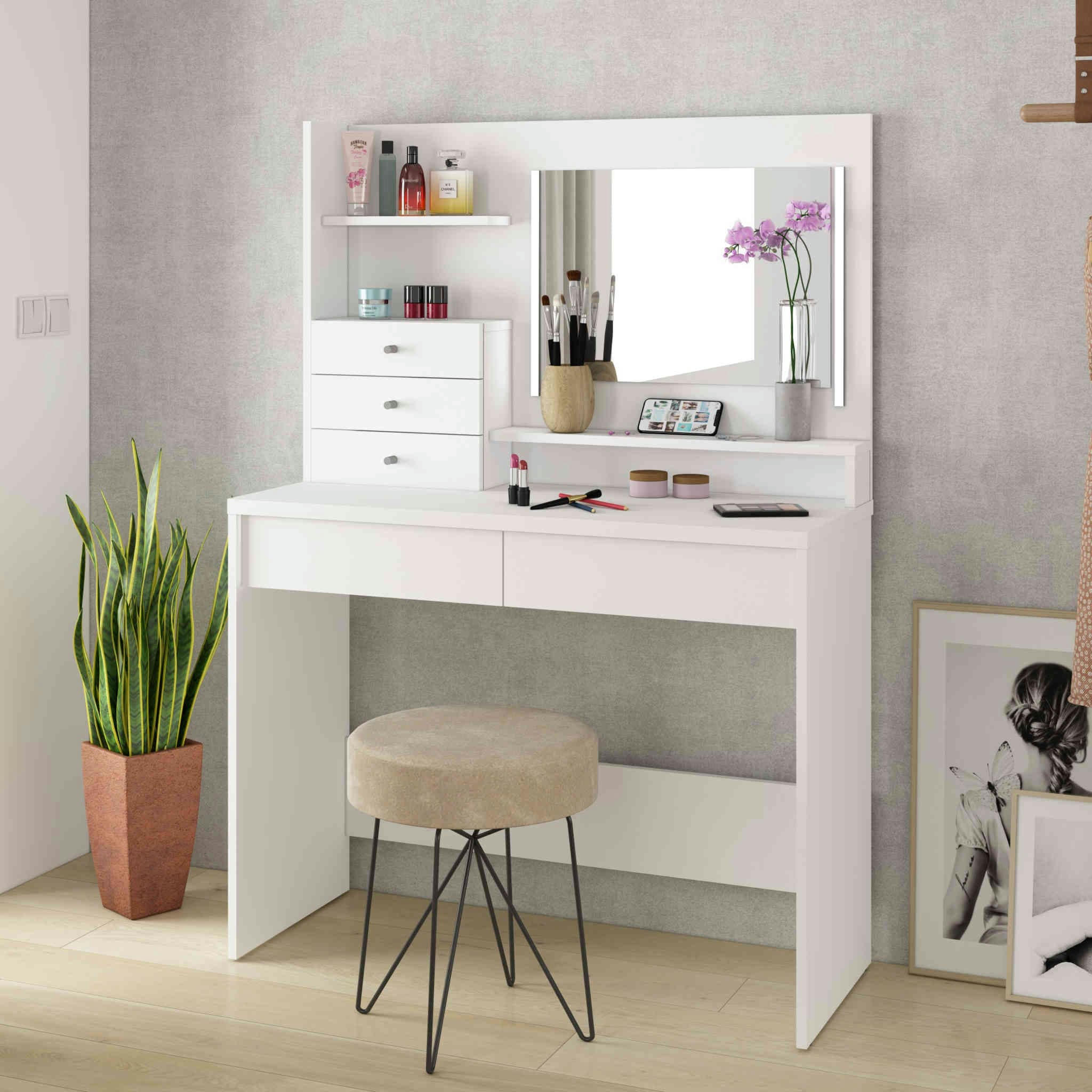 - Coiffeuse 3 tiroirs avec miroir en bois blanc