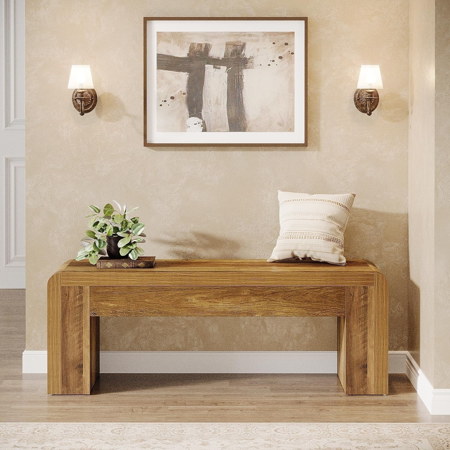 47 Inches Brown Engineered Wood Entryway Bench, Farmhouse Hallway Bench for Foyer, Living Room