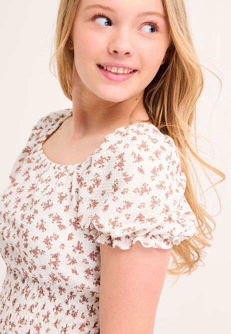 Older Girls White Floral Puff Sleeve Top