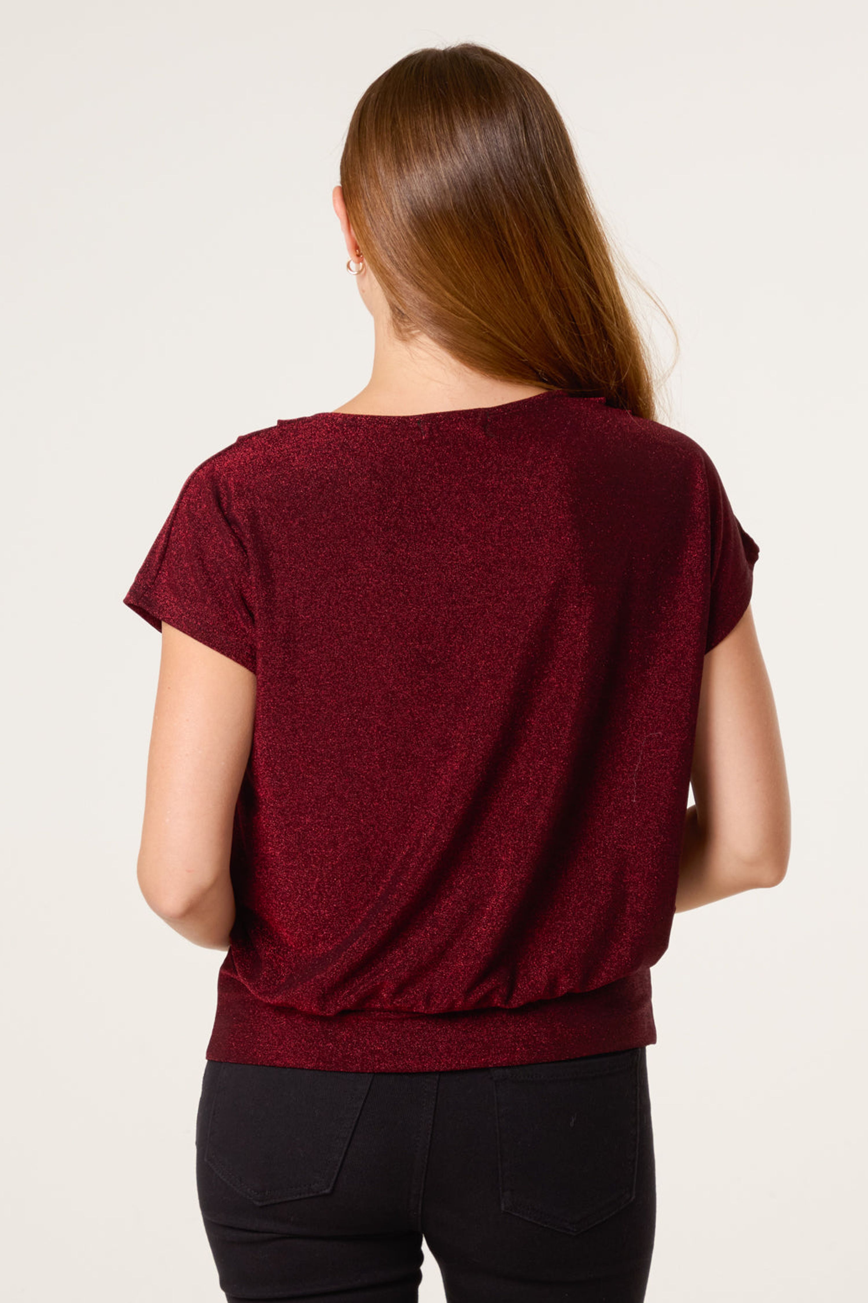 Blue Vanilla Wine Metallic Cowl Neck Draped Top