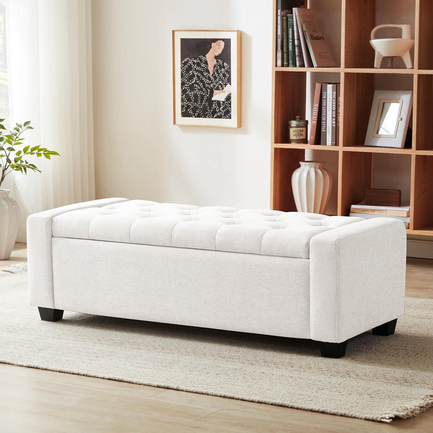 Huatean Home 48 Ottoman with Storage, White Storage Ottoman Bench with Safety Hinge, Upholstered Entryway Bench with Seating for Bedroom, Living Room, Holds up to 330 lb