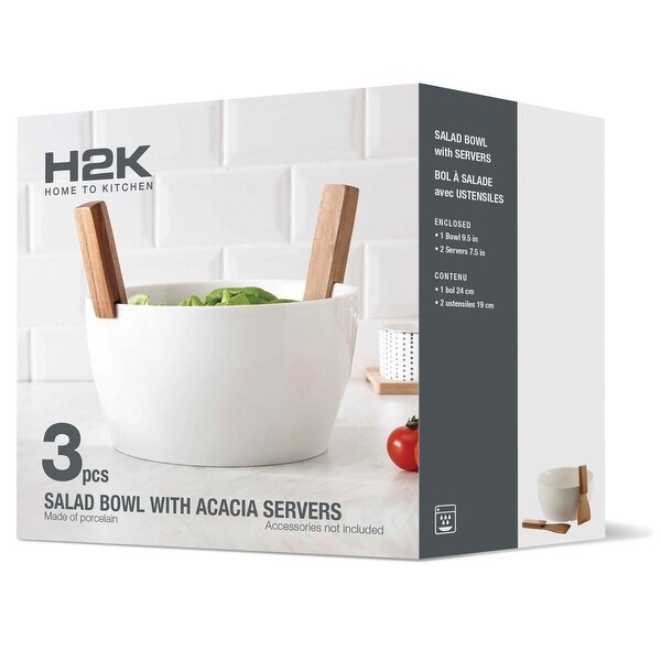 Porcelain Salad Bowl With Acacia Servers 3 Piece Set - 10