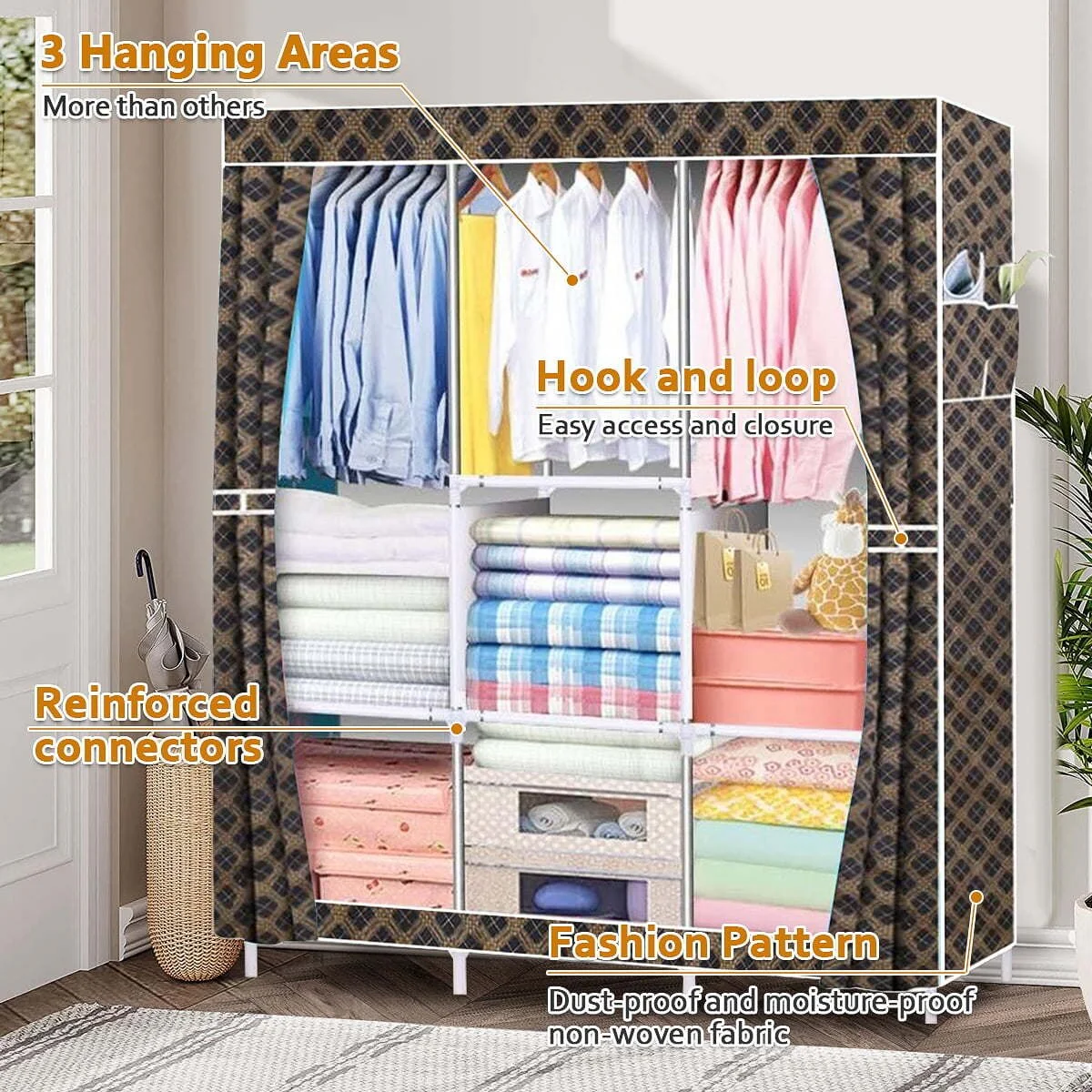65*41 Inch Waterproof Portable Closet with 3 Rails and 7 Shelves