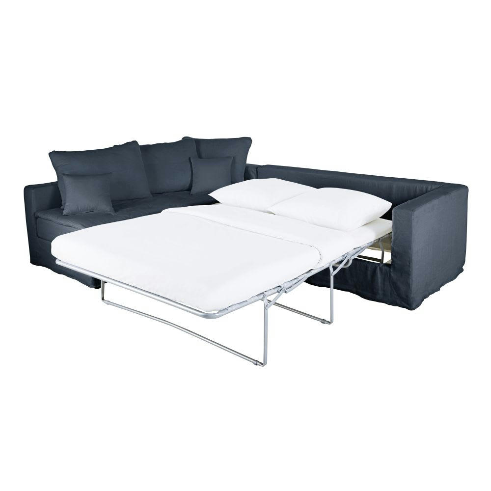 Célestin - Canapé d'angle gauche convertible 5 places en lin bleu nuit