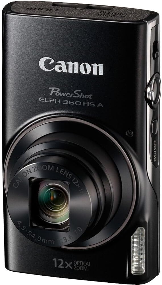 Canon PowerShot ELPH 360 HS A Digital Camera (Black) | 20.2MP CMOS Sensor  12x Optical Zoom & Built-in Wi-Fi | Compact Point-and-Shoot for Travel  Family & Everyday Photography (7280C001) + 64GB Card