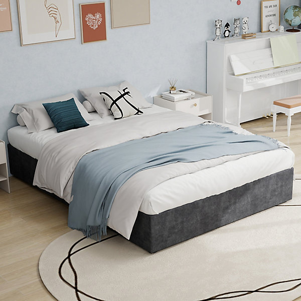 Lit Coffre Double 160x200 cm, Lit Adulte et Ado avec Vérins Hydrauliques, Cadre Moderne en Velours Hollandais Gris, Sans Matelas