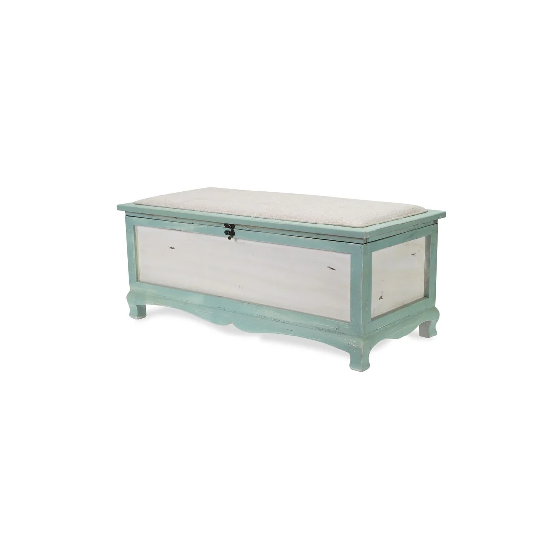 36 Teal Green and White Distressed Bench Chest with Seat Cushion