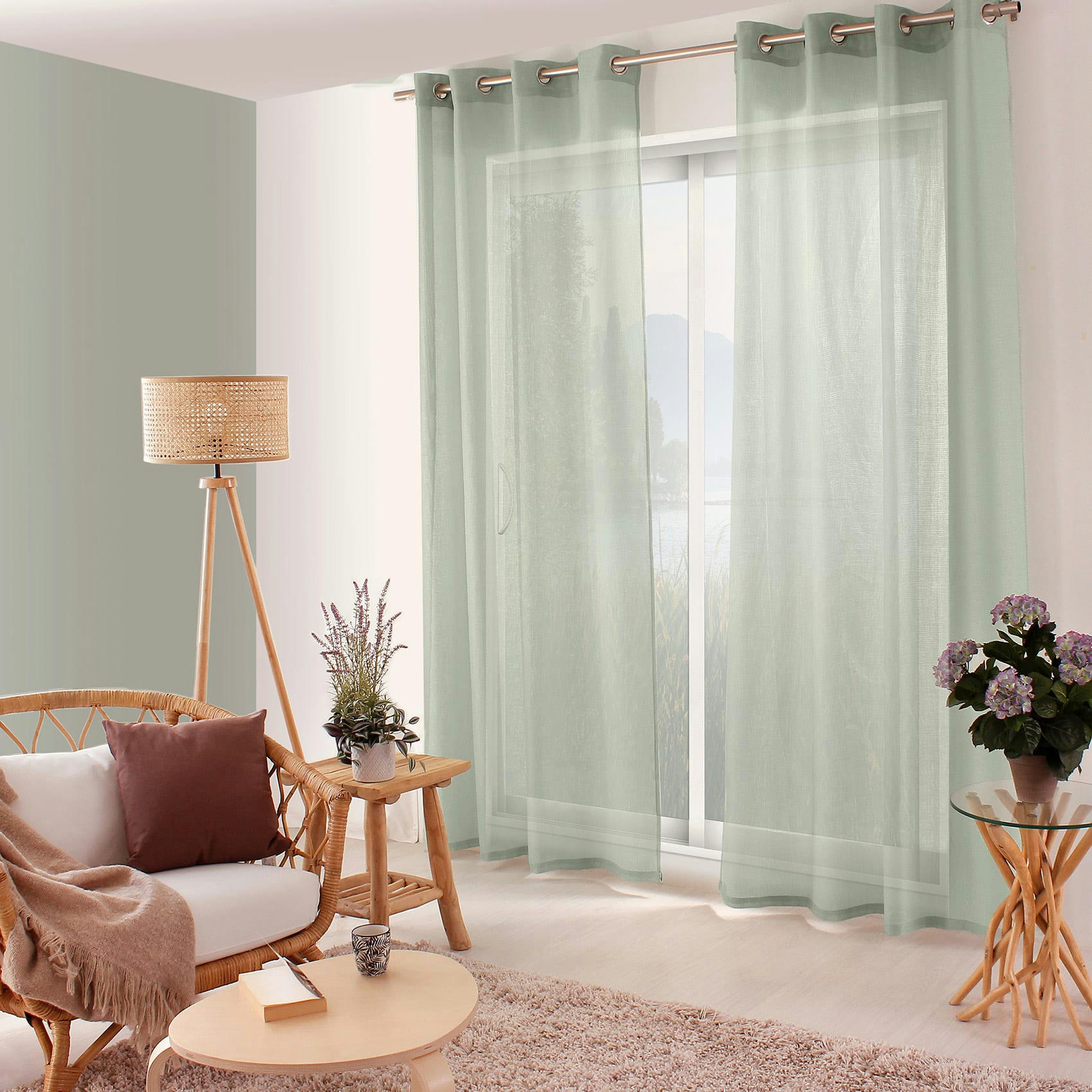 - Voilage uni ajouré à œillets polyester vert 140x240 cm