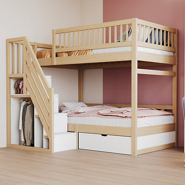 Lit superposé 90x200 cm - Lit enfant avec rangement intégré, échelle pratique et tiroirs - en pin et MDF - Sans matelas - Naturel