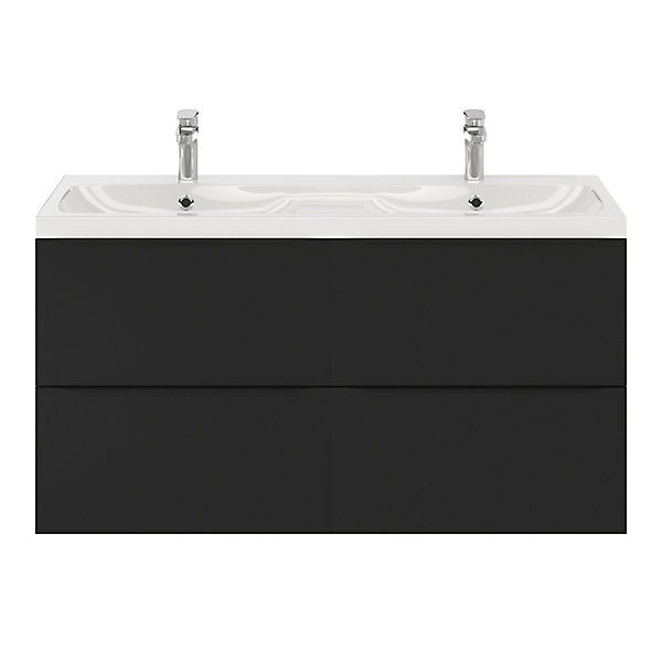 Meuble vasque suspendu noir mat l.120 cm Imandra   plan double vasque blanc résine Mila, GoodHome