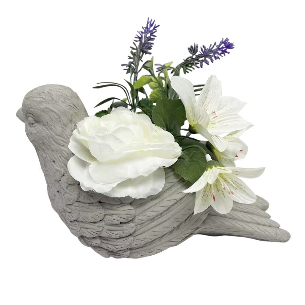 Composition pot ciment pivoine fleur artificielle décor statuette ange