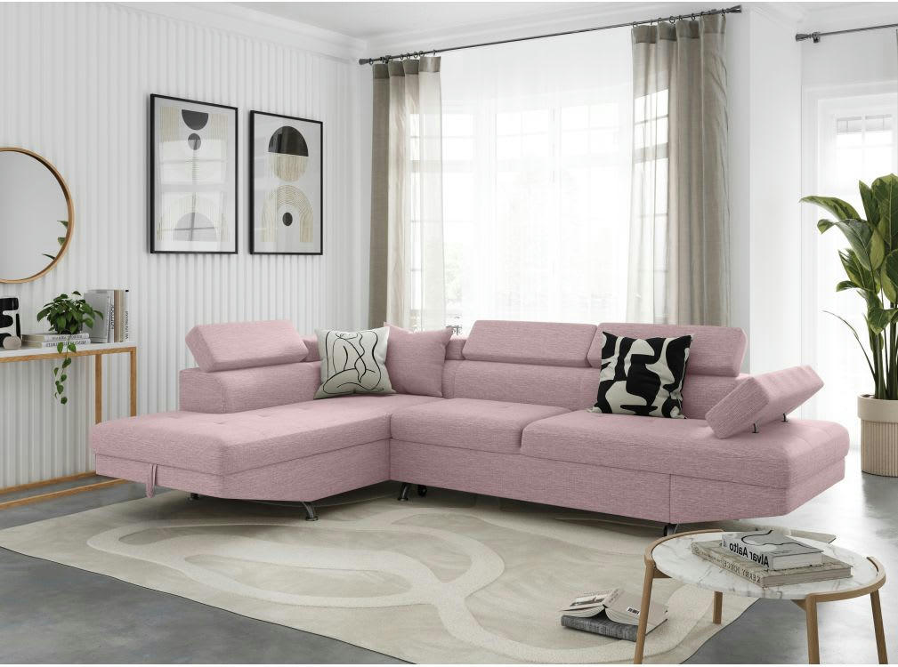 RIO - Canapé angle gauche convertible avec coffre en tissu - Vieux rose