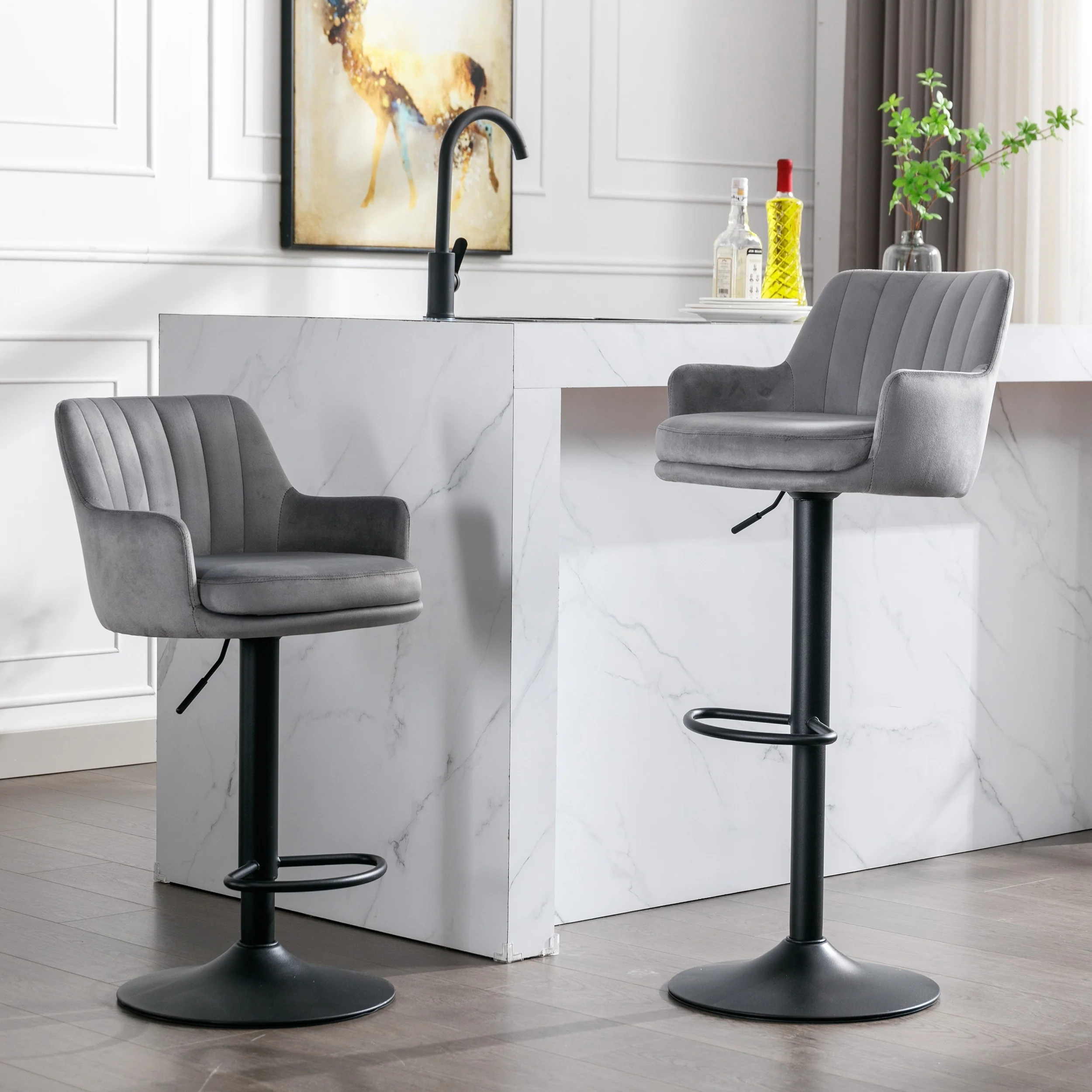 Set of 2 Adjustable Counter Height Barstools with Back and Footrest