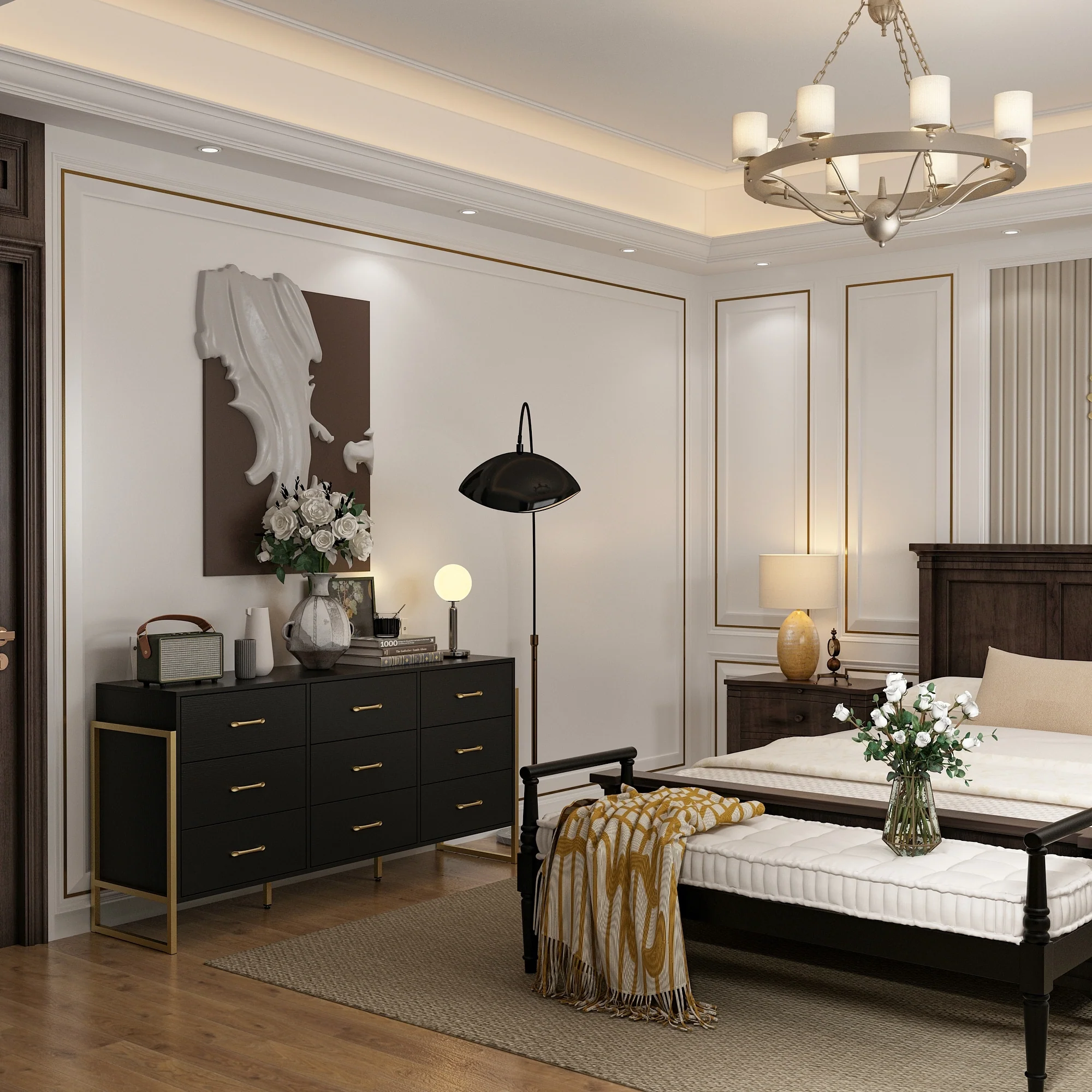 Elegant 9-Drawer Dresser with Gold Accents - Black Stripe Finish Chest