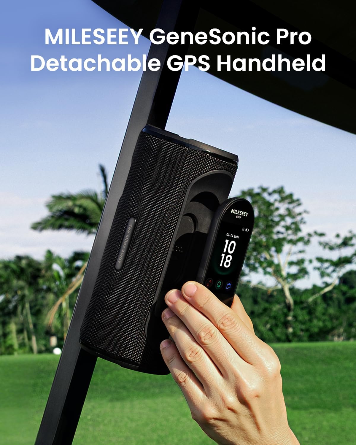 MiLESEEY GeneSonic Pro Golf Speaker with Detachable GPS Rangefinder Handheld  43000+ No Subscription Preloaded Courses  View & Audible Distances Touchscreen  15H Battery  Magnetic  Waterproof Hazard