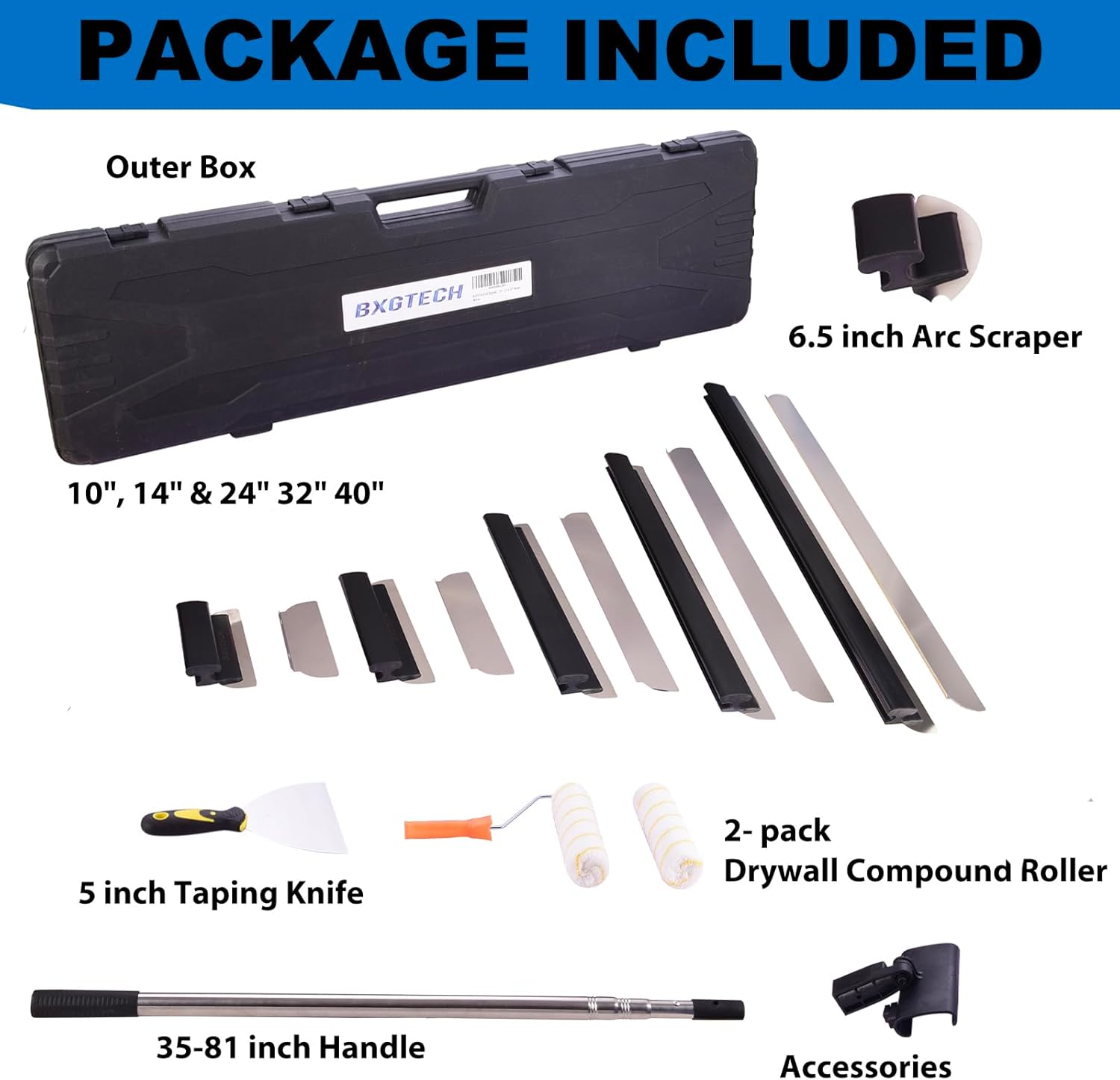 Drywall Tools Skimming Blade with Extension Handle - 10, 14, 24& 32 40 Blades with 2 Pack 0.3 mm Blades, Construction Tools End Caps, with Outer Box, Drywall Roller,Taping Knife