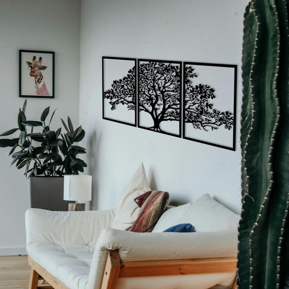 - Décoration murale triptyque arbre de vie en métal noir 157x75 cm