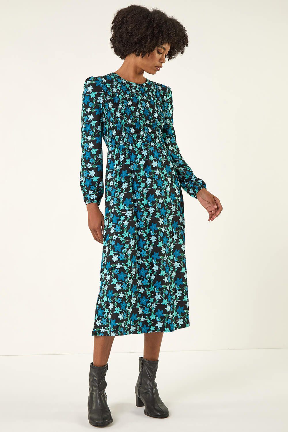 Roman Floral Print Shirred Stretch Midi Dress