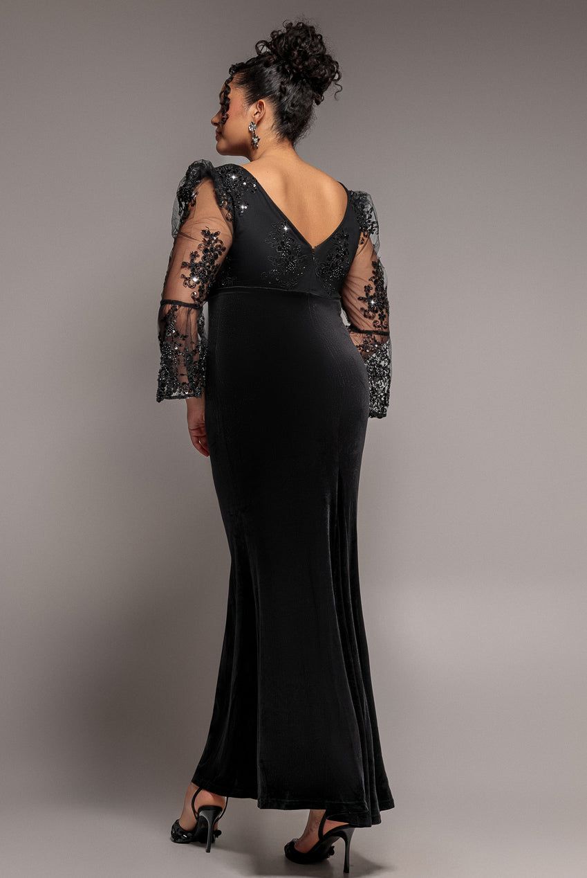 Goddiva Scalloped Lace & Velvet Maxi Dress