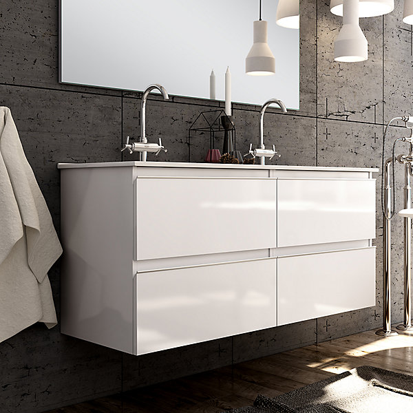 Ensemble meuble de salle de bain 140cm double vasque   colonne de rangement - BALEA - blanc