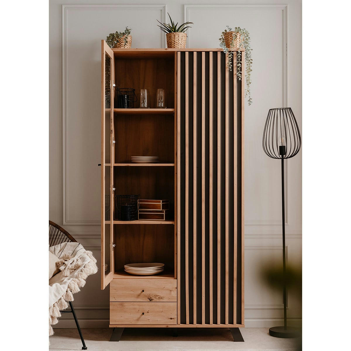 FLAVIA - Vaisselier 2 portes 2 tiroirs effet chêne, piètement anthracite 92 cm