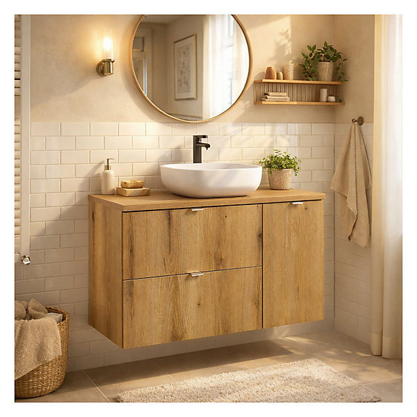 Ensemble de salle de bain suspendu VANO aspect chene 90cm : meuble sous vasque à tiroirs et placards et plan pour vasque