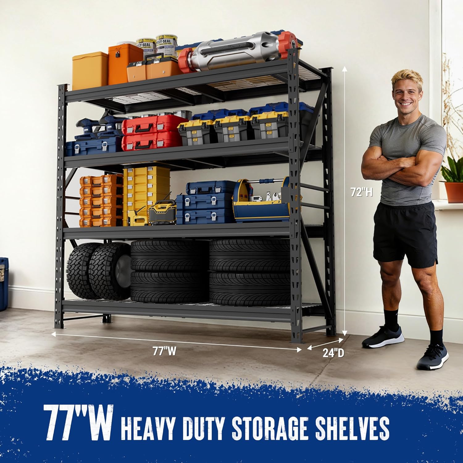 WORKPRO 77 Extra-Width Garage Shelving Units, 6400LBS Heavy Duty Utility Shelves, 4 Tier Industrial Adjustable Metal Storage Rack for Warehouse Shop Basement Organizers, 77”W x 24”D x 72”H