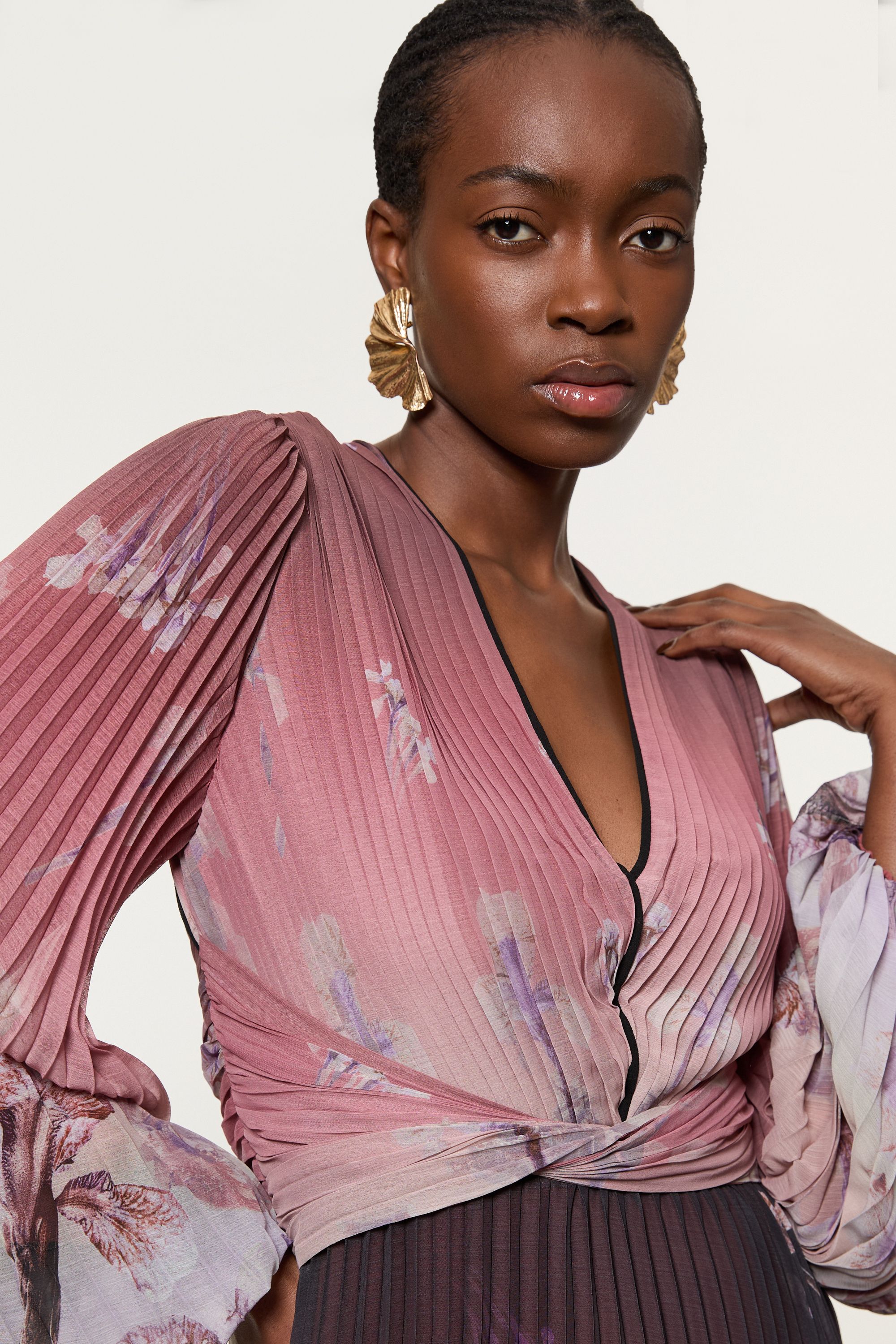 KarenMillen Crinkle Pleat Border Floral Balloon Sleeve Woven Maxi Dress