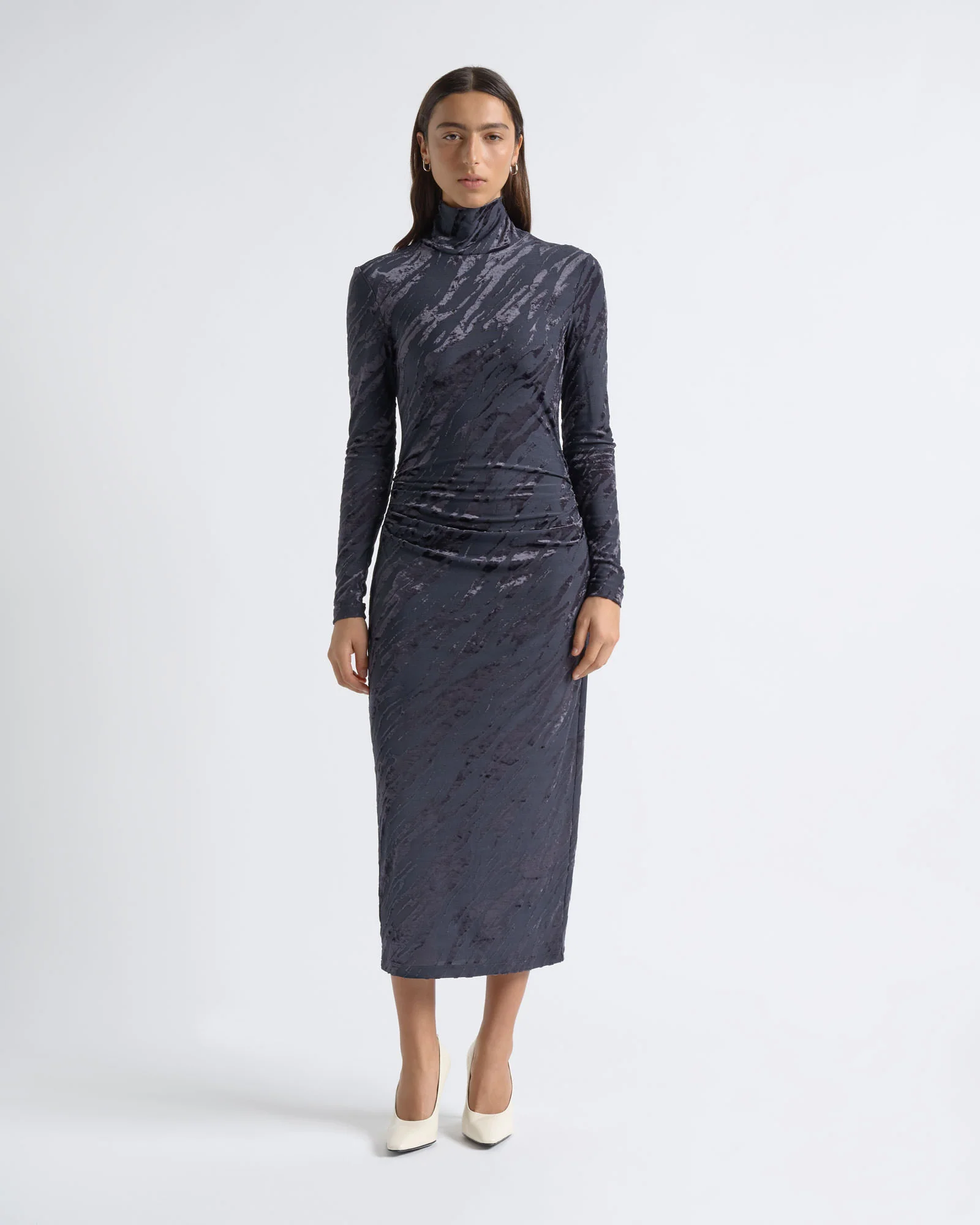Flocked Long Sleeve Midi Dress