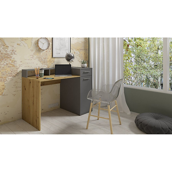 Bureau OFFICE avec caisson de rangement et support écran - Coloris gris et chene - 120 x 90 x 65 cm