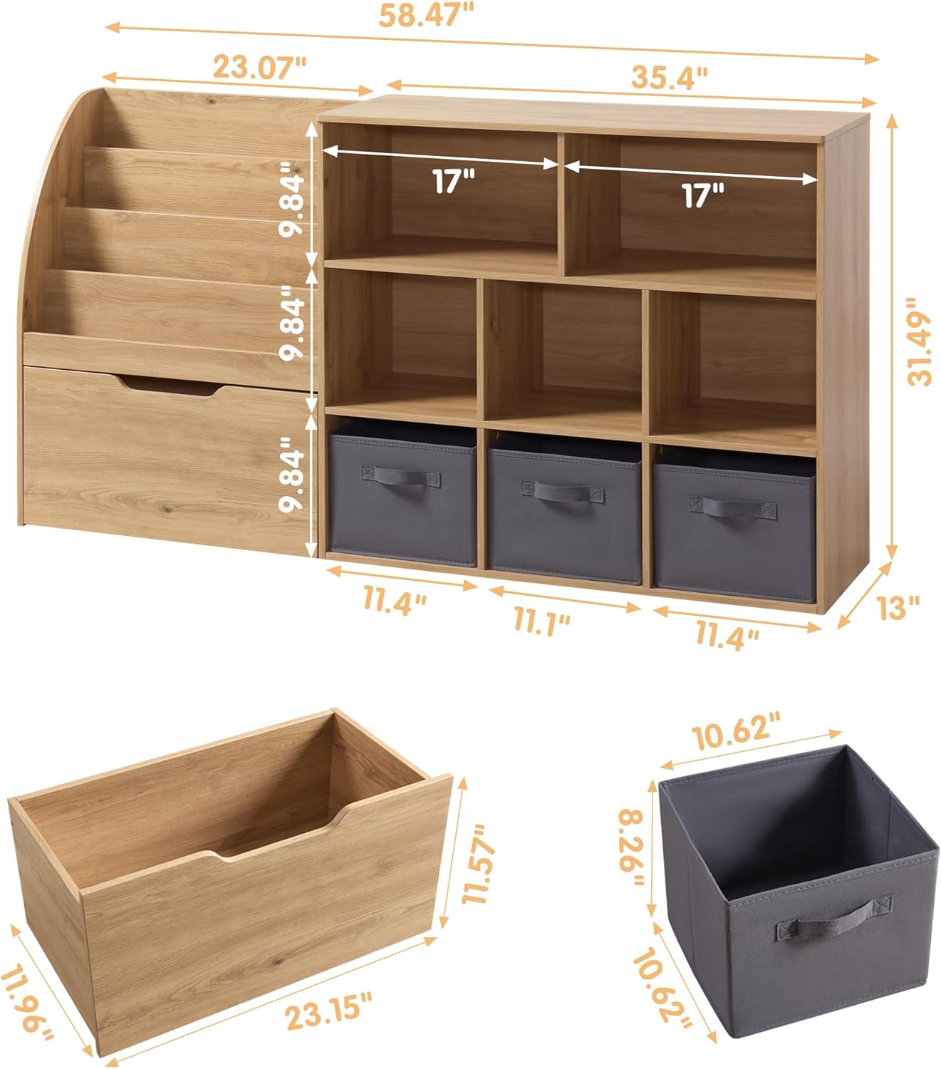 Fatmok Kids Bookshelf and Toy Storage, Toy Storage Organizers with Movable Drawers & 3 Storage Bins, Kids Reading Nook Toy Organizers Shelf with 5 Cubbies, Natral Wood