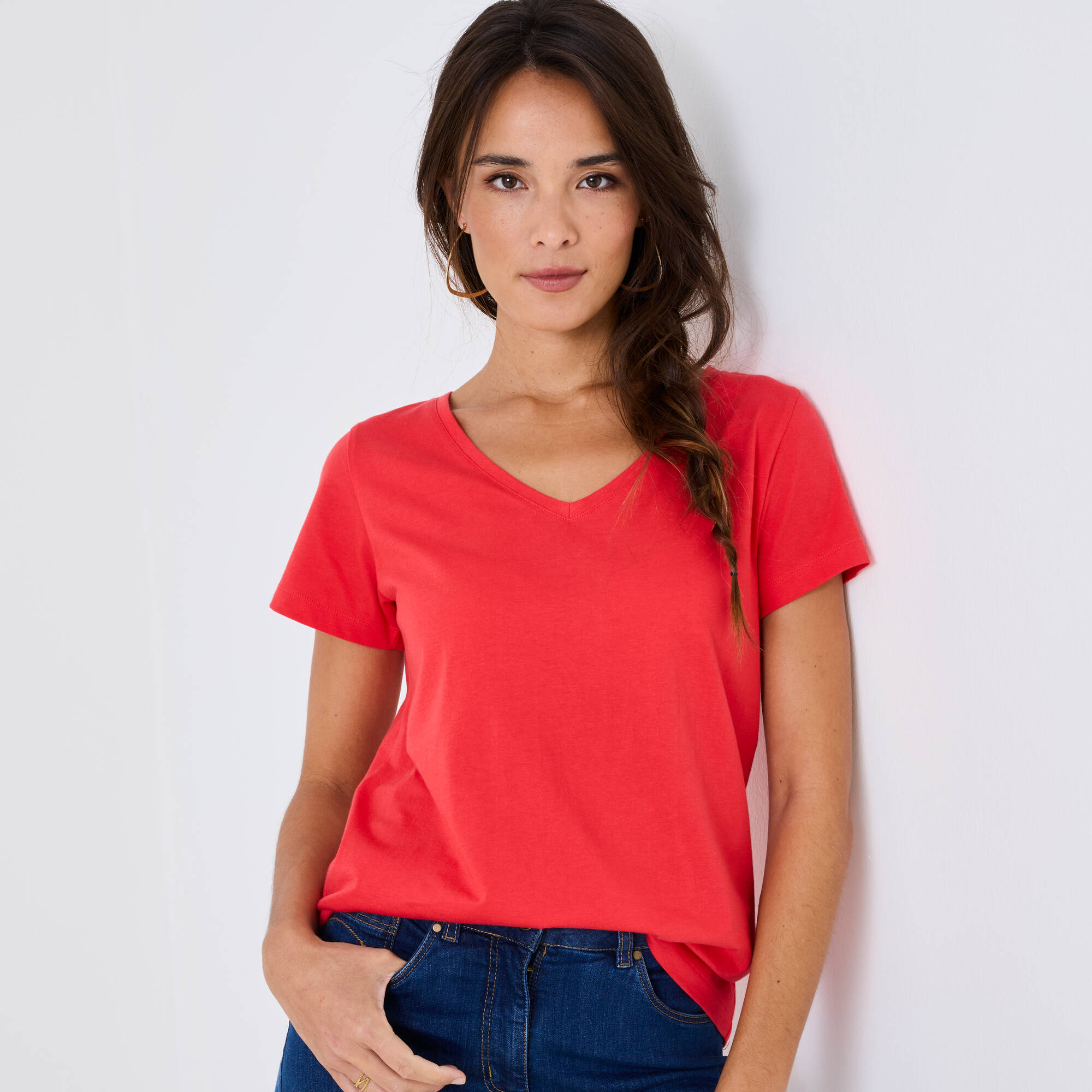 T-shirt col V uni manches courtes, coton