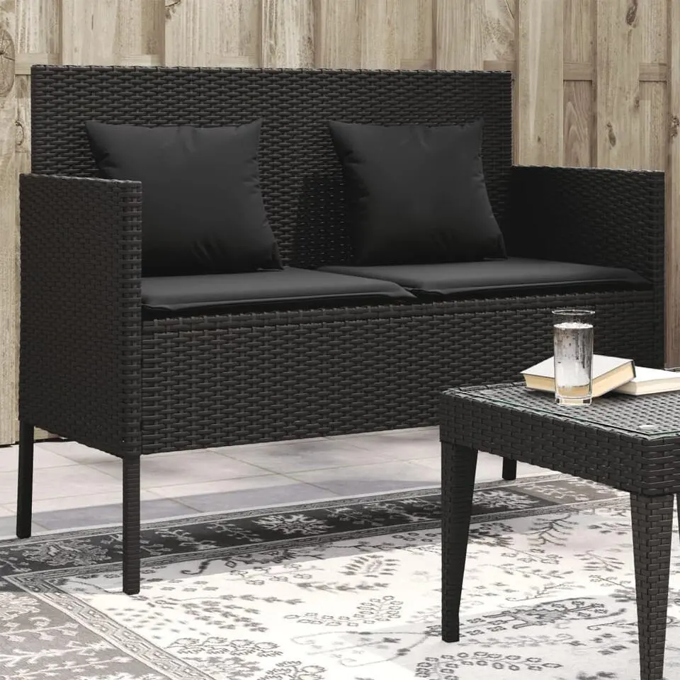 vidaXL - Tuinbank met kussens - Zwart - Poly rattan - 113x61x87 cm