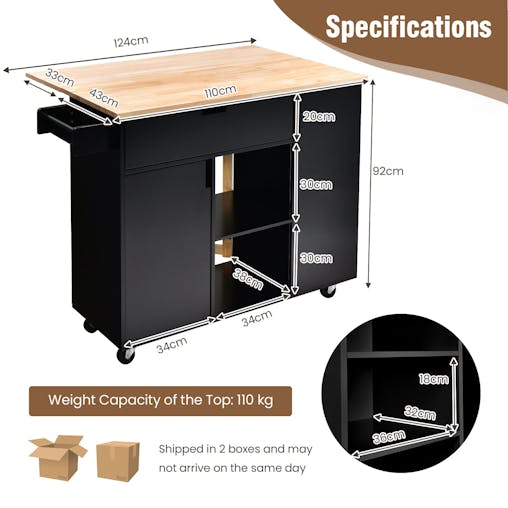 NNECW Drop-Leaf Rolling Kitchen Island with Rubber Wood Top
