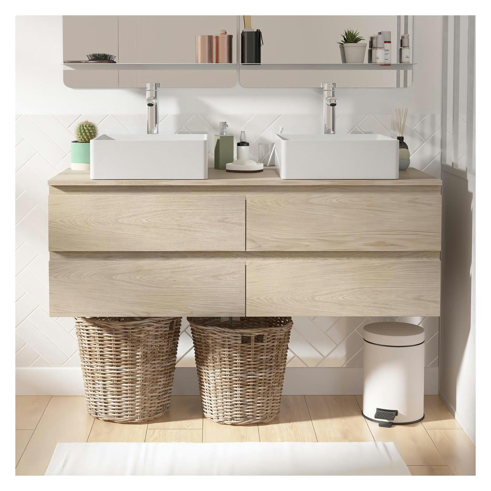 SORRENTO - Meuble double vasque 120cm avec plan bois  Décor chêne+vasque+robinet