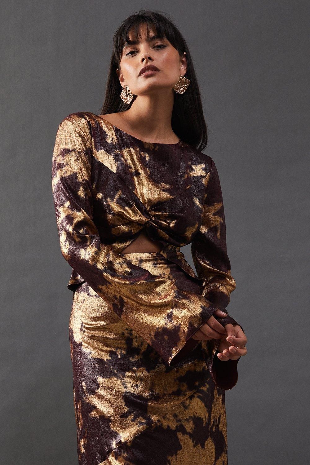 Warehouse Metallic Marble Twist Front Bias Midi Dress