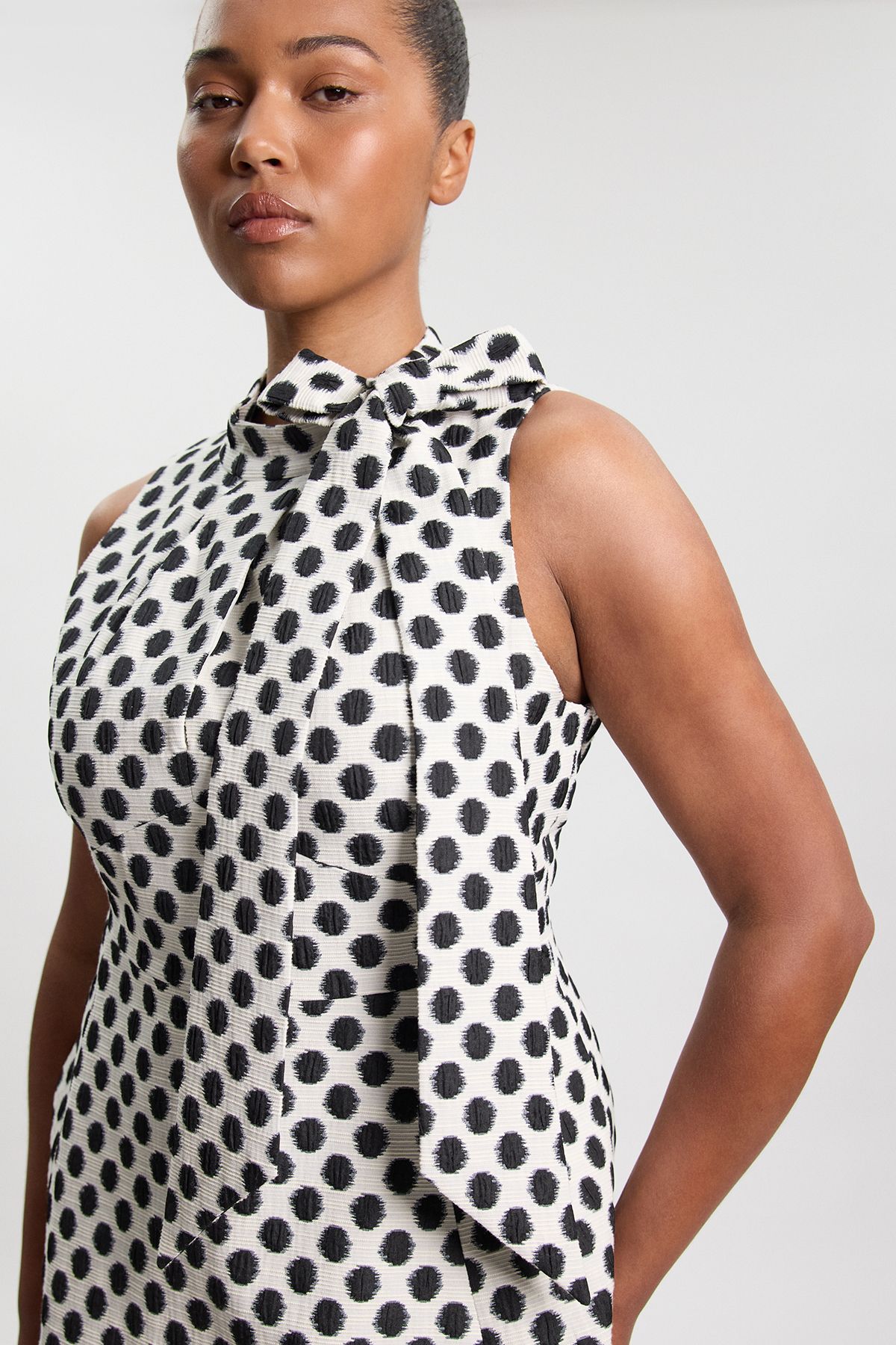 KarenMillen Plus Size Spot Jacquard Tailored Bow Neck Full Skirted Midi Dress