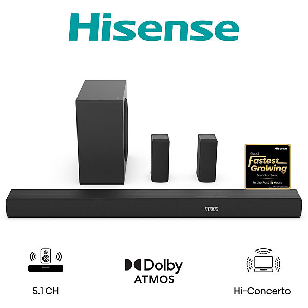 Barre de son Hisense AX5100Q 5.1.2 580W noir avec caisson et enceintes arrieres