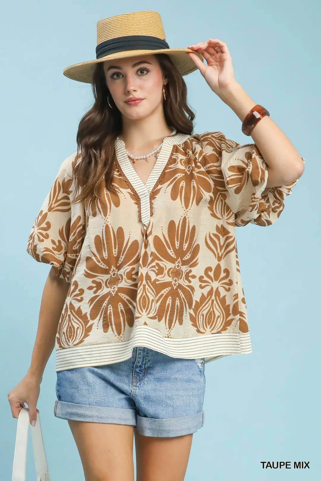 Mix Printed Puff Sleeve Top with Contrast Trim