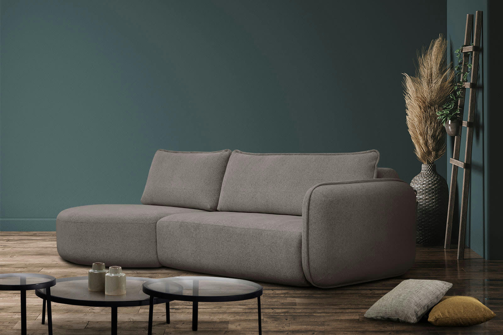 IPSUM - Canapé d'angle gauche 3 places avec l'île tissu marron clair