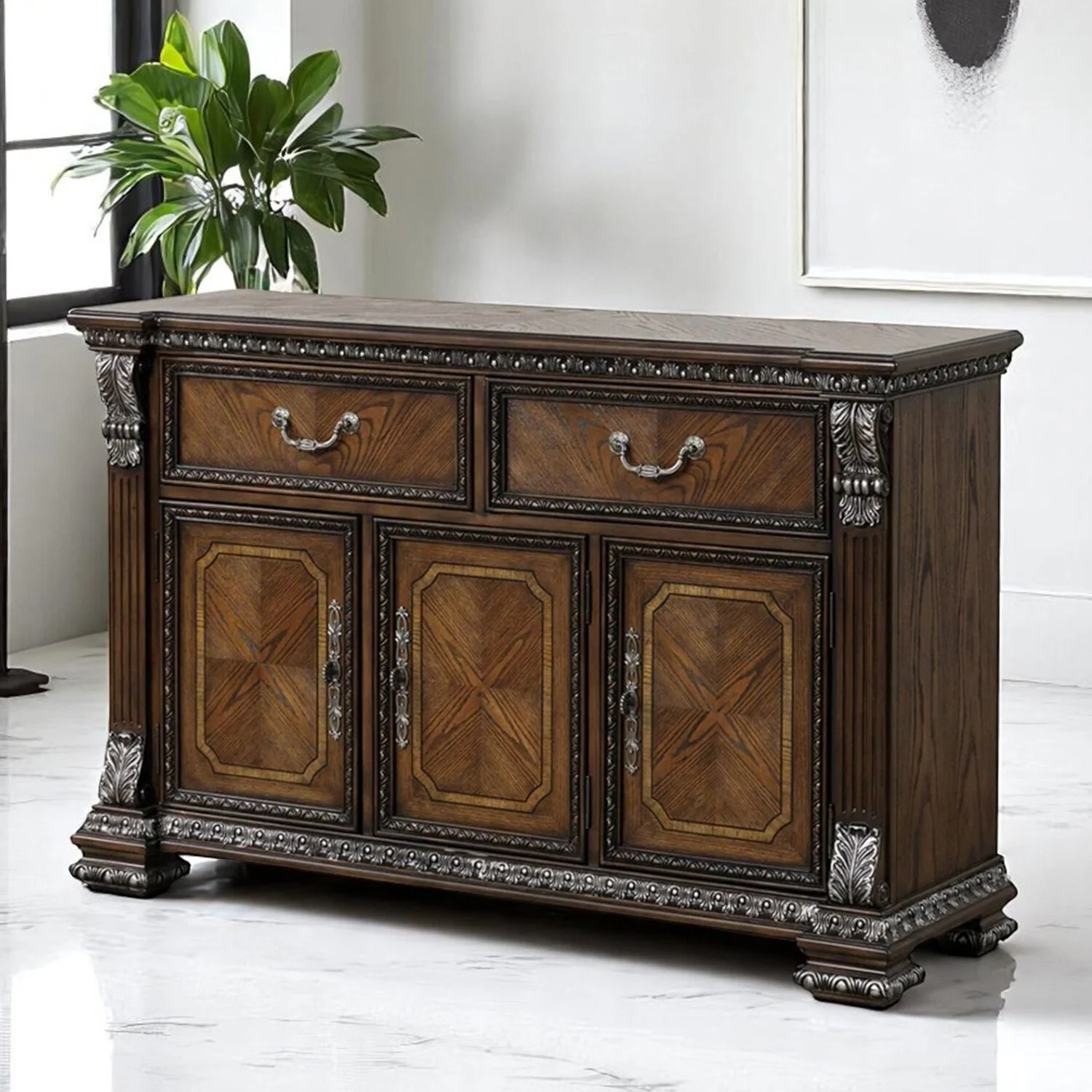 2 Drawers and 3 Doors Wooden Sideboard with Metal Handles in Dark Brown