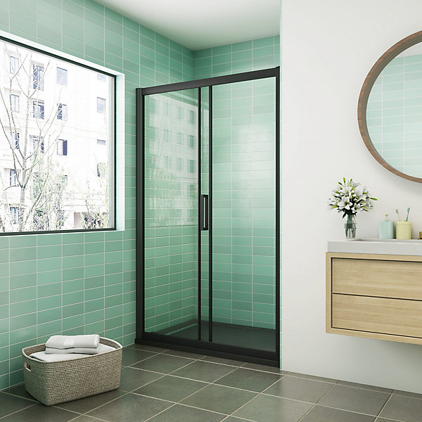 Cabine de douche coulissante - 100x195cm - 8mm Verre sécurité - Noir - Porte de douche avec Receveur Extra-plat Noir