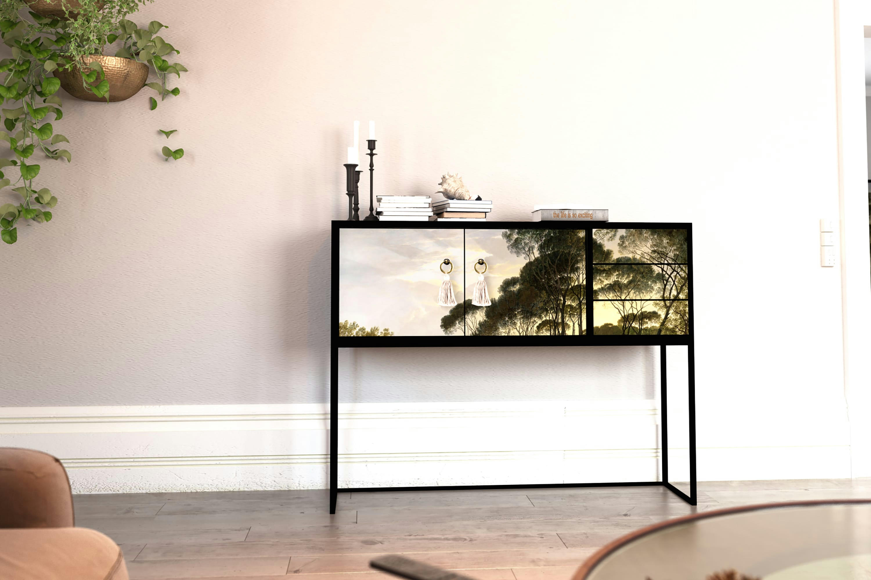 HENDRICK - Console MDF laqué 2 portes 3 tiroirs imprimé forestier