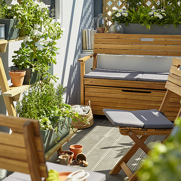 Banc de jardin en acacia avec accoudoirs et dossier L.128,5 x H.89,7 x P.57 cm, GoodHome Denia