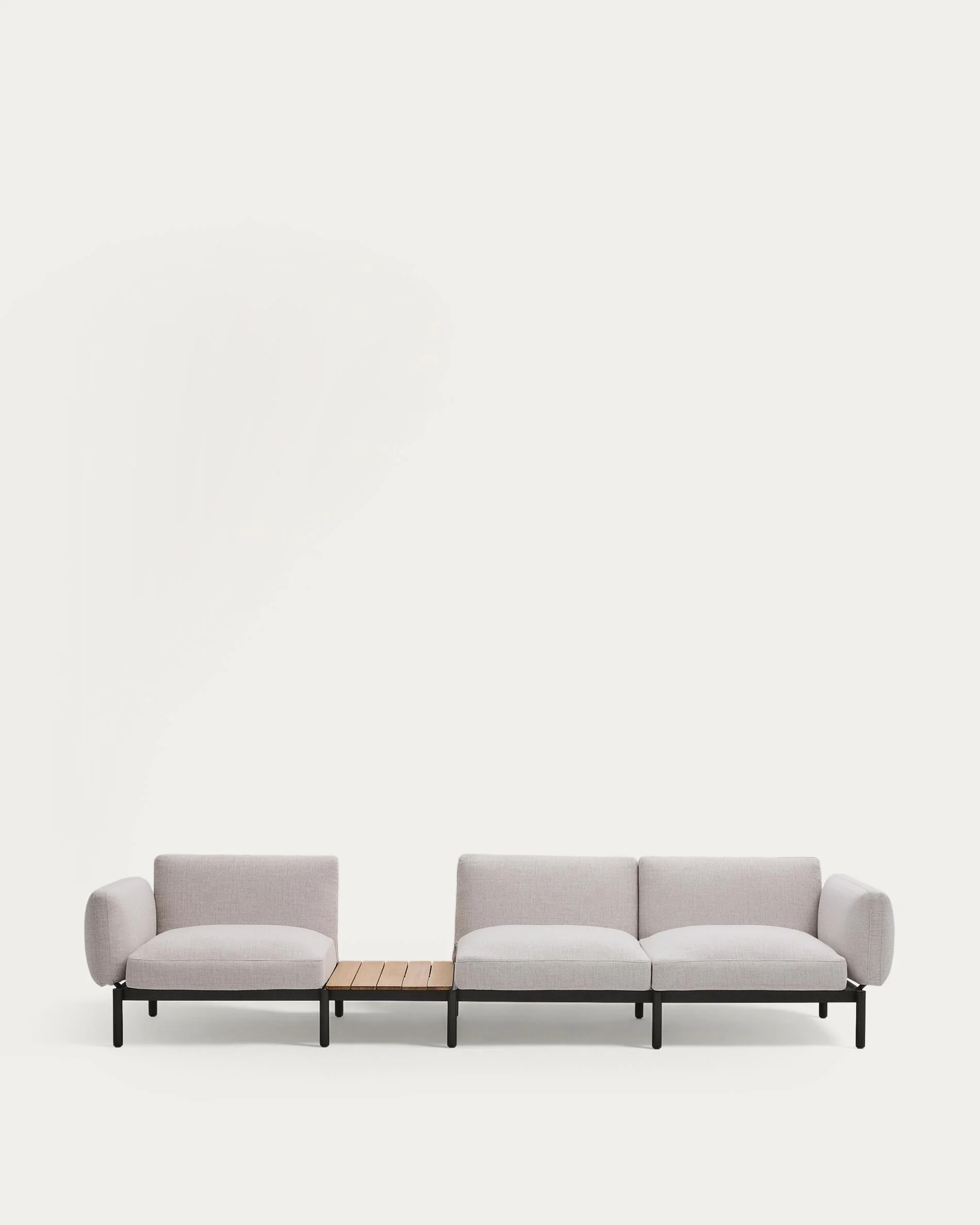 Sorells outdoor modular 3-seater sofa with beige upholstery and grey aluminium with teak table 341 x 113cm FSC 100%