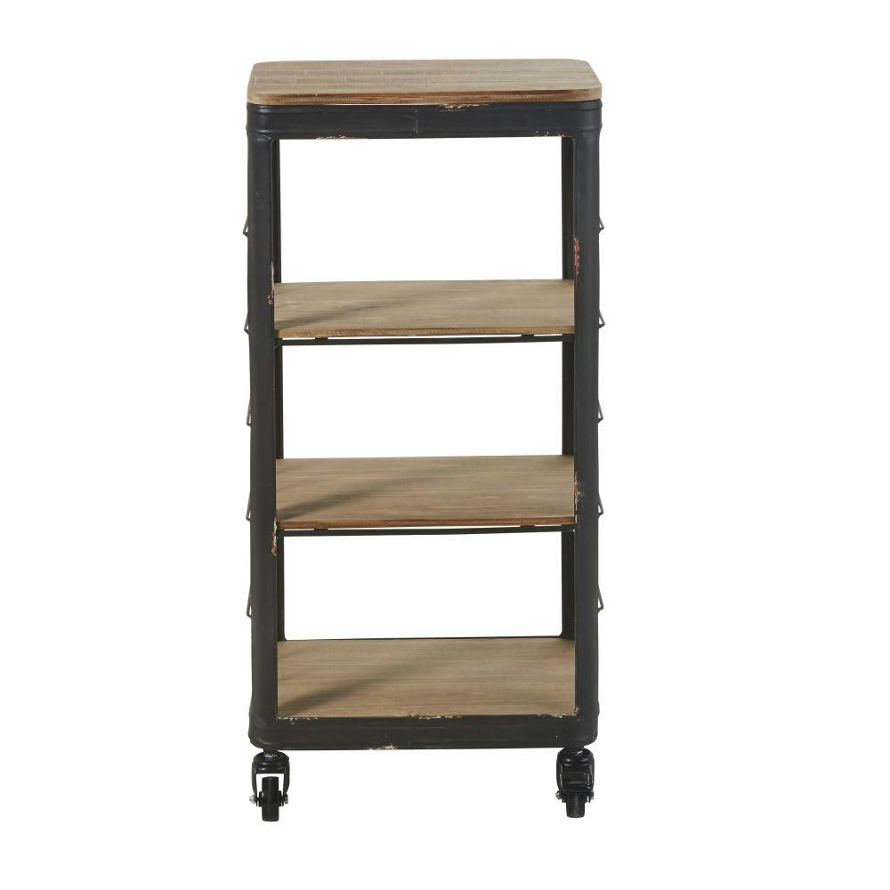 GEORGES - Etagère en bois de sapin et métal noir à roulettes