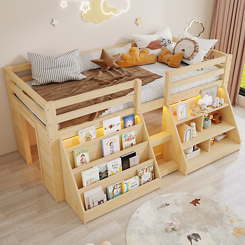 Lit superposé mi-haut 90x200cm - avec étagères de rangement - avec LED - barrières de sécurité et échelle - naturel(sans matelas)